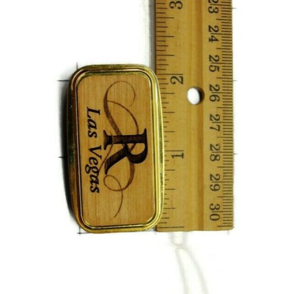 Money Clip "R" Las Vegas Wallet Credit Card Holder Gold Tone Wooden - Picture 2 of 10